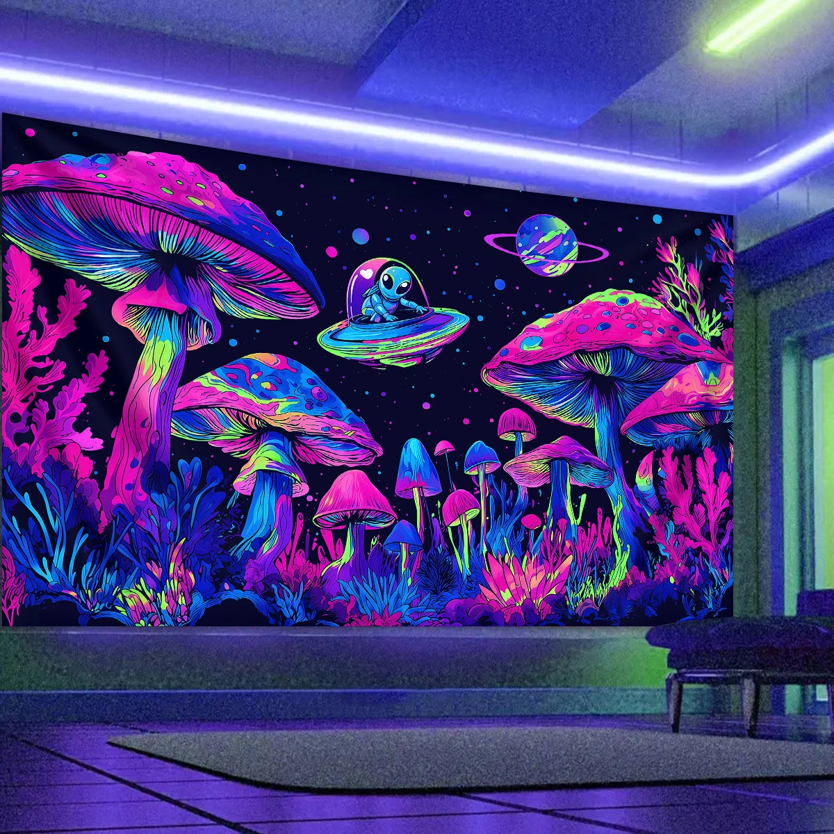 Fluorescent mushroom tapestry