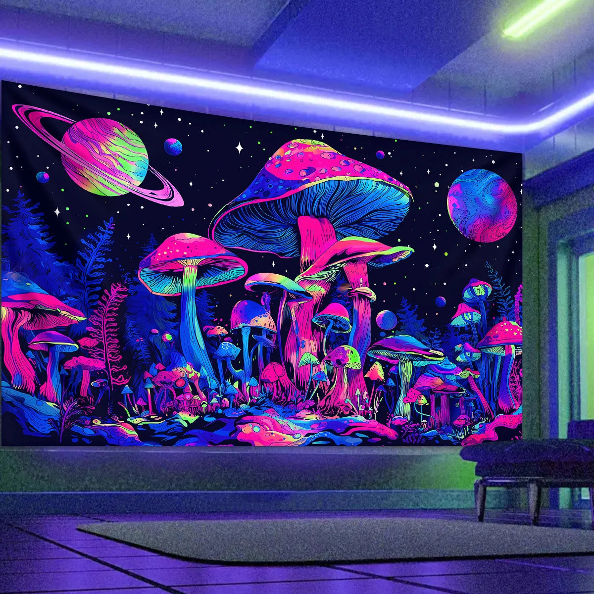 Fluorescent mushroom tapestry