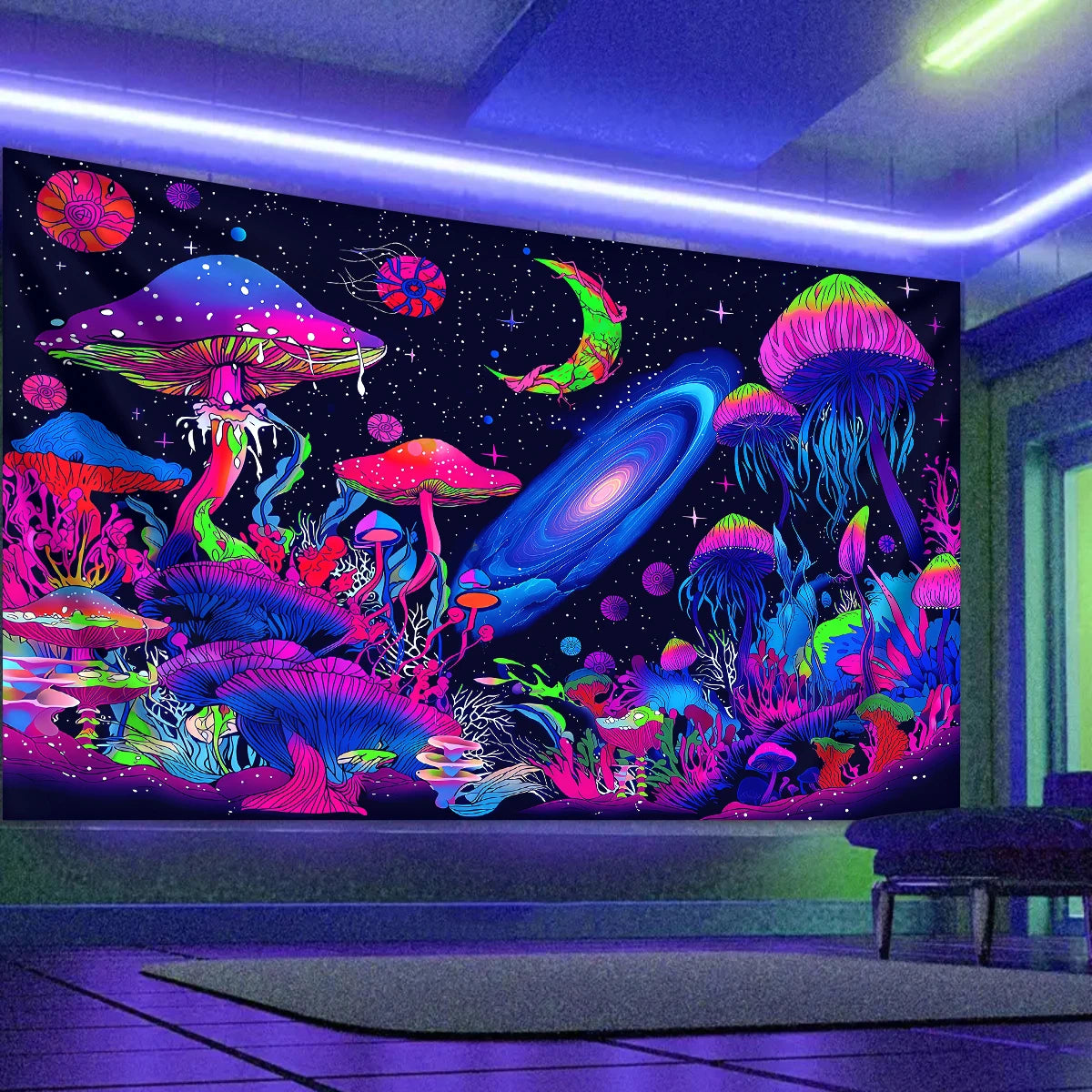 Fluorescent mushroom tapestry