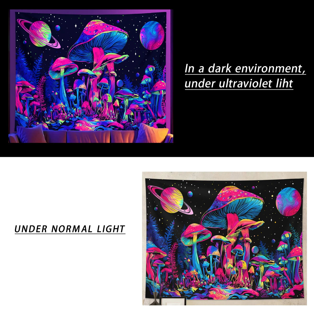 Fluorescent mushroom tapestry