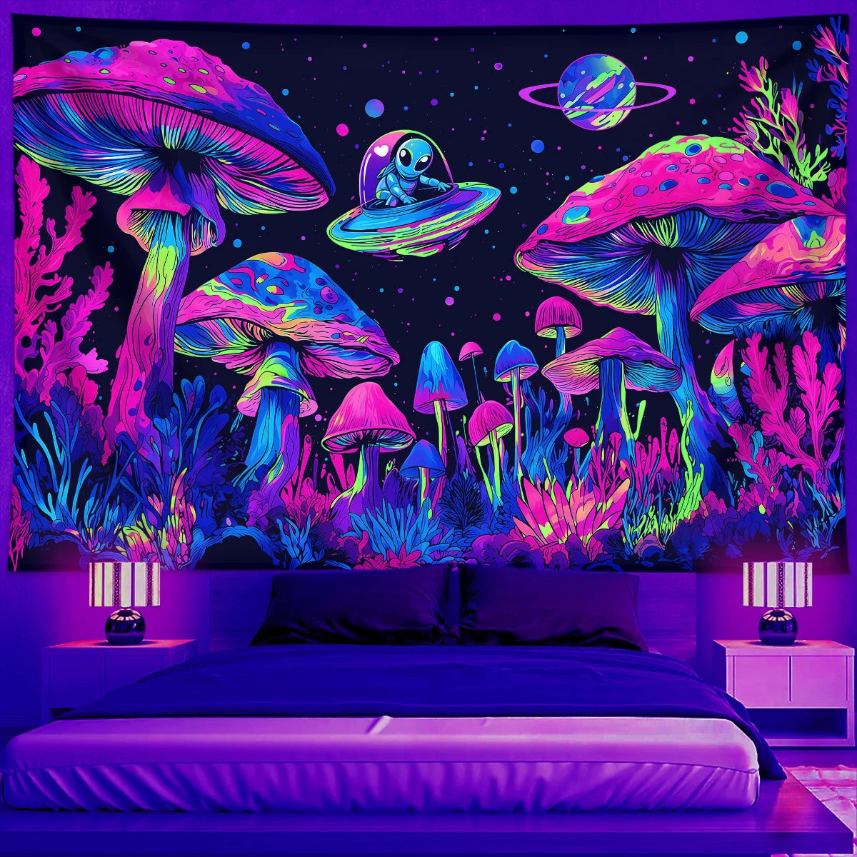 Fluorescent mushroom tapestry