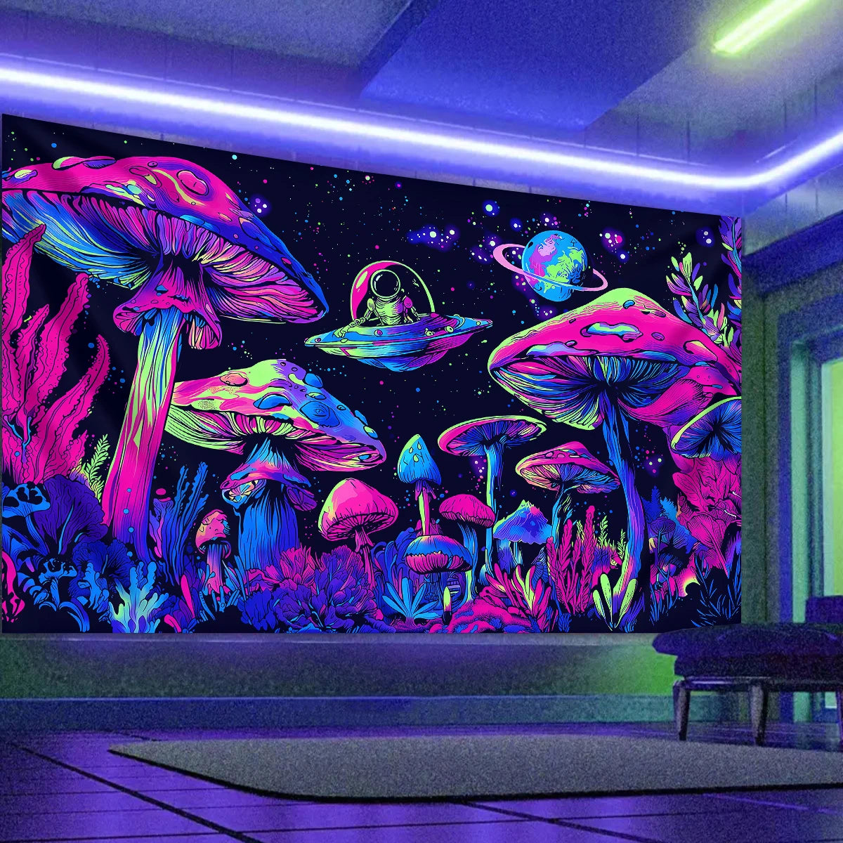 Fluorescent mushroom tapestry