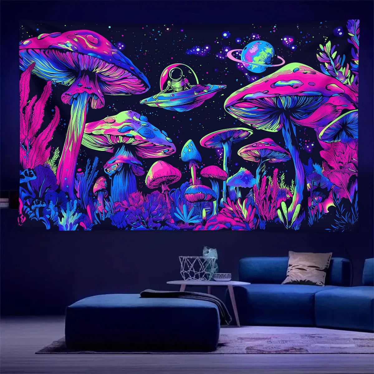 Fluorescent mushroom tapestry